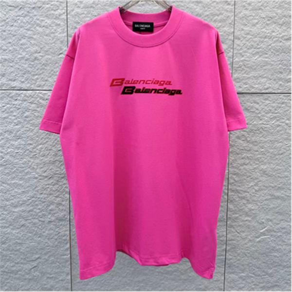 ビビッドピンク 半袖Tシャツ BALENCIAGA バレンシアガ コピー ダブルロゴプリント クルーネック ゆったりシルエット メンズカジュアル