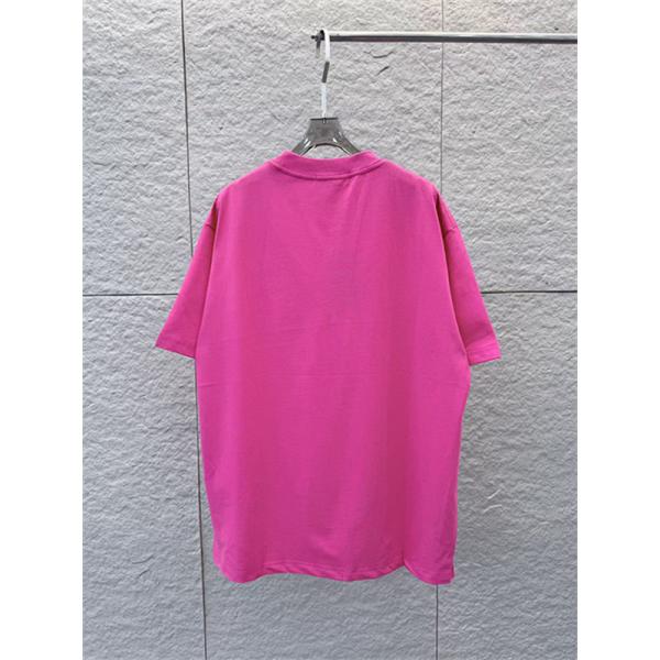 ビビッドピンク 半袖Tシャツ BALENCIAGA バレンシアガ コピー ダブルロゴプリント クルーネック ゆったりシルエット メンズカジュアル