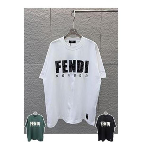  ディープグリーン 半袖Tシャツ FENDI フェンディ コピー ビッグロゴプリント FFミニパターン クルーネック ゆったりトップス