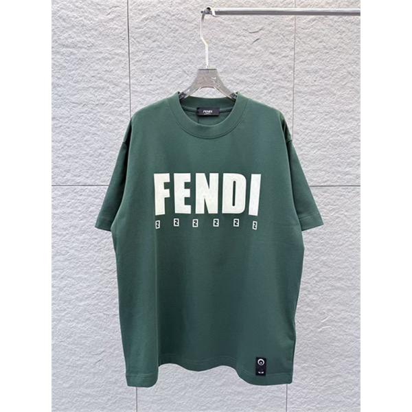  ディープグリーン 半袖Tシャツ FENDI フェンディ コピー ビッグロゴプリント FFミニパターン クルーネック ゆったりトップス
