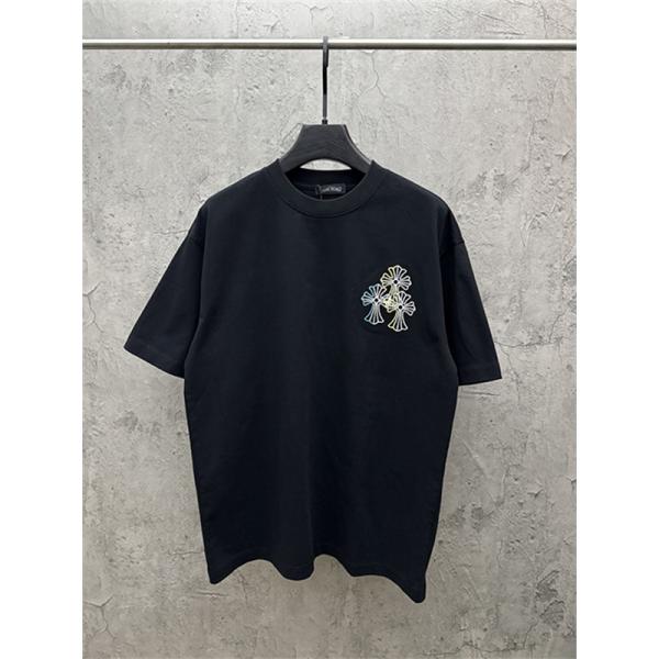 ブラック 半袖Tシャツ Chrome Hearts クロムハーツ コピー マルチカラークロス刺繍風 胸元ワンポイント クルーネック ゆったりシルエット