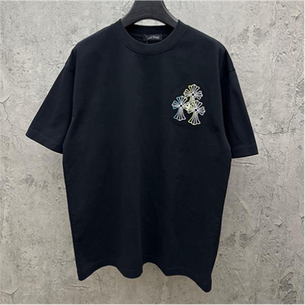 ブラック 半袖Tシャツ Chrome Hearts クロムハーツ コピー マルチカラークロス刺繍風 胸元ワンポイント クルーネック ゆったりシルエット