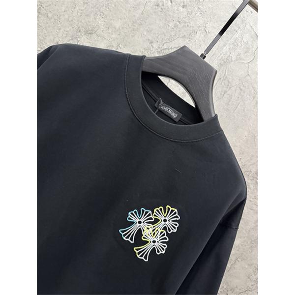 ブラック 半袖Tシャツ Chrome Hearts クロムハーツ コピー マルチカラークロス刺繍風 胸元ワンポイント クルーネック ゆったりシルエット