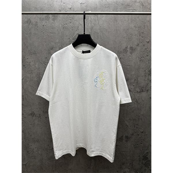 ブラック 半袖Tシャツ Chrome Hearts クロムハーツ コピー マルチカラークロス刺繍風 胸元ワンポイント クルーネック ゆったりシルエット