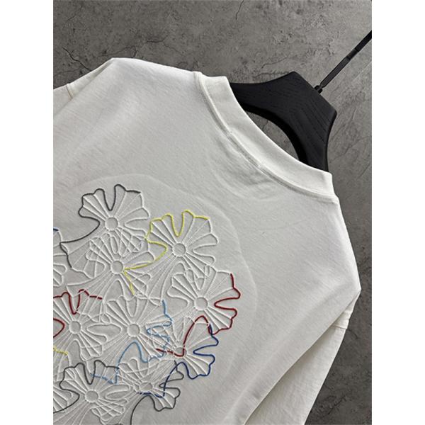 ブラック 半袖Tシャツ Chrome Hearts クロムハーツ コピー マルチカラークロス刺繍風 胸元ワンポイント クルーネック ゆったりシルエット