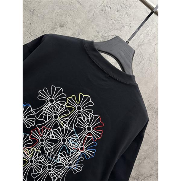 ブラック 半袖Tシャツ Chrome Hearts クロムハーツ コピー マルチカラークロス刺繍風 胸元ワンポイント クルーネック ゆったりシルエット