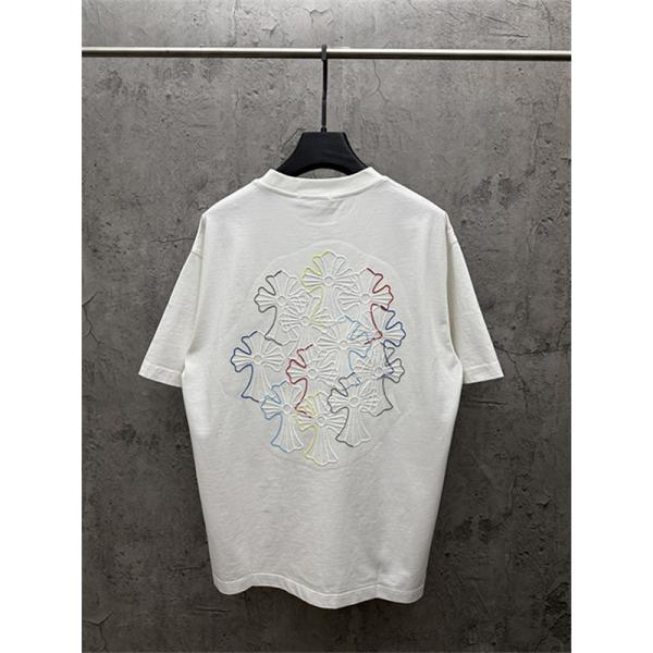 ブラック 半袖Tシャツ Chrome Hearts クロムハーツ コピー マルチカラークロス刺繍風 胸元ワンポイント クルーネック ゆったりシルエット