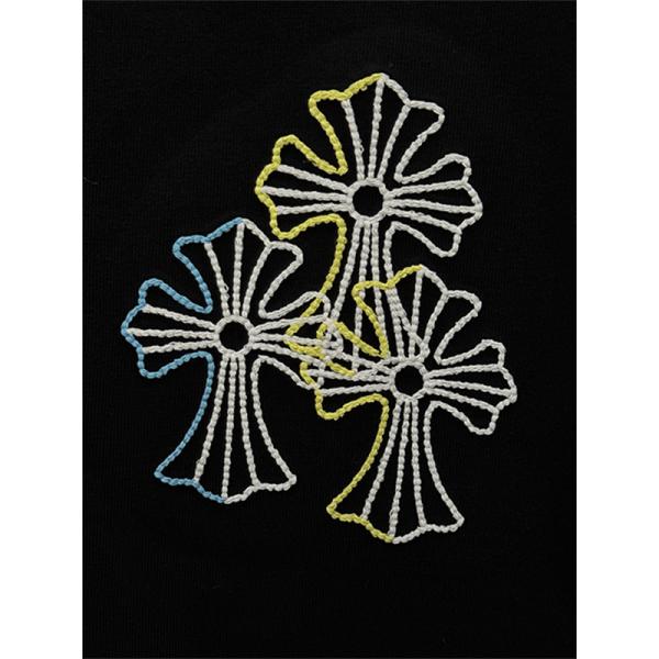 ブラック 半袖Tシャツ Chrome Hearts クロムハーツ コピー マルチカラークロス刺繍風 胸元ワンポイント クルーネック ゆったりシルエット