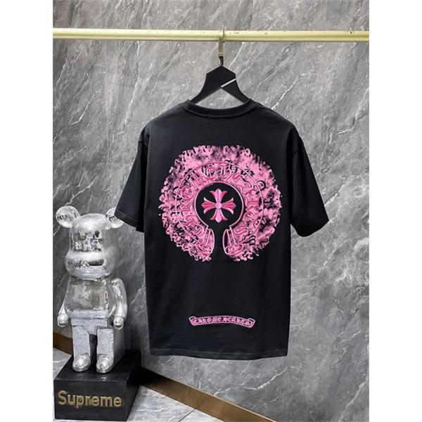 ブラック 半袖Tシャツ Chrome Hearts クロムハーツ コピー ピンクバックサークルロゴ クルーネック クロスモチーフ ストリートトップス