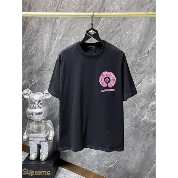 ブラック 半袖Tシャツ Chrome Hearts クロムハーツ コピー ピンクバックサークルロゴ クルーネック クロスモチーフ ストリートトップス