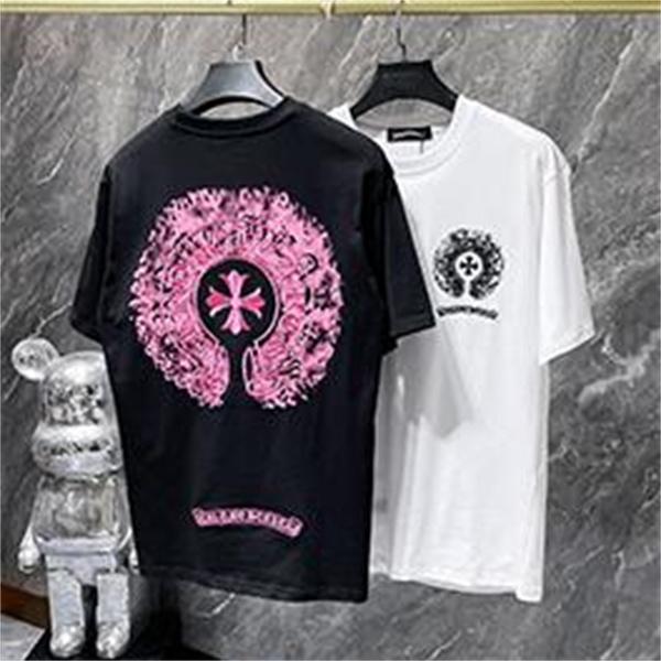 ブラック 半袖Tシャツ Chrome Hearts クロムハーツ コピー ピンクバックサークルロゴ クルーネック クロスモチーフ ストリートトップス