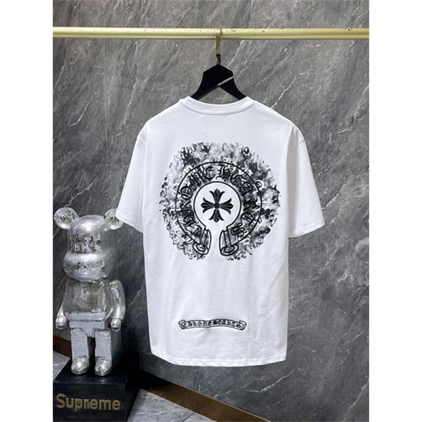ブラック 半袖Tシャツ Chrome Hearts クロムハーツ コピー ピンクバックサークルロゴ クルーネック クロスモチーフ ストリートトップス