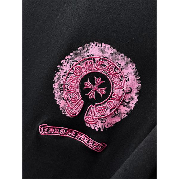 ブラック 半袖Tシャツ Chrome Hearts クロムハーツ コピー ピンクバックサークルロゴ クルーネック クロスモチーフ ストリートトップス