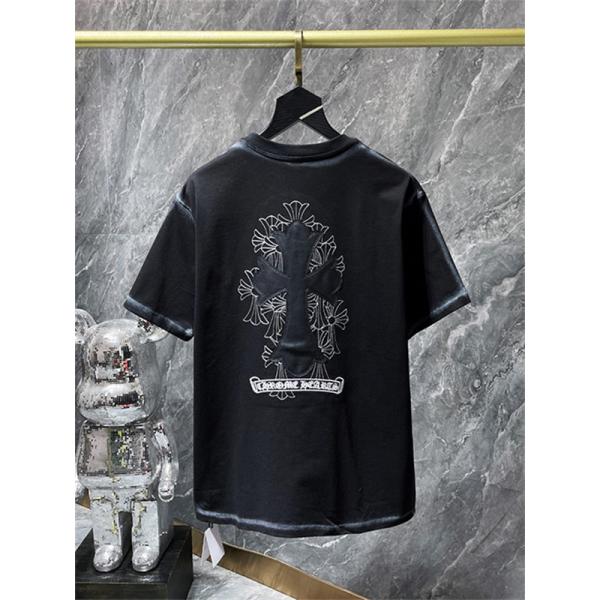 ブラック 半袖Tシャツ Chrome Hearts グレークロスバックプリント クロムハーツ コピー 胸元クロスロゴ クルーネック ゆったりシルエット