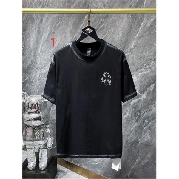 ブラック 半袖Tシャツ Chrome Hearts グレークロスバックプリント クロムハーツ コピー 胸元クロスロゴ クルーネック ゆったりシルエット