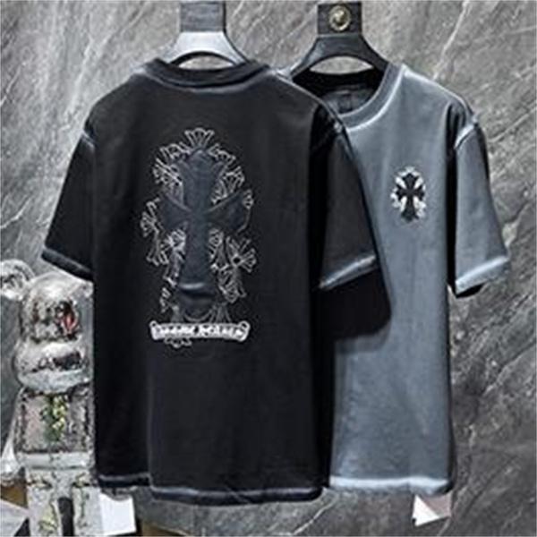 ブラック 半袖Tシャツ Chrome Hearts グレークロスバックプリント クロムハーツ コピー 胸元クロスロゴ クルーネック ゆったりシルエット