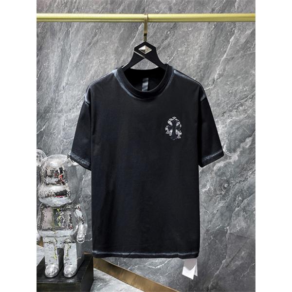 ブラック 半袖Tシャツ Chrome Hearts グレークロスバックプリント クロムハーツ コピー 胸元クロスロゴ クルーネック ゆったりシルエット