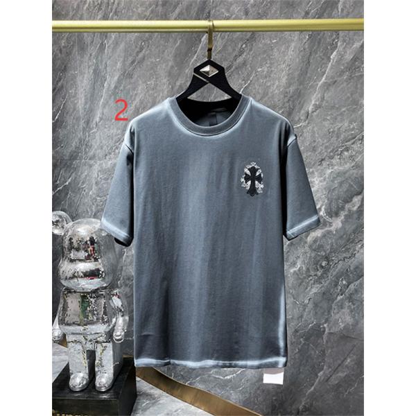 ブラック 半袖Tシャツ Chrome Hearts グレークロスバックプリント クロムハーツ コピー 胸元クロスロゴ クルーネック ゆったりシルエット