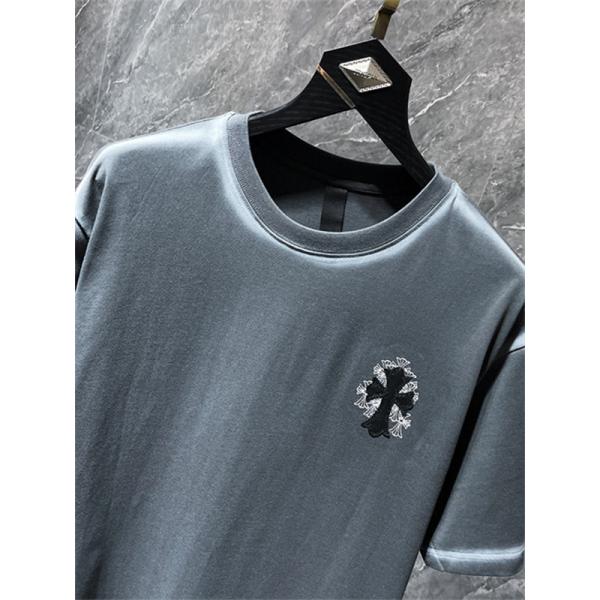 ブラック 半袖Tシャツ Chrome Hearts グレークロスバックプリント クロムハーツ コピー 胸元クロスロゴ クルーネック ゆったりシルエット