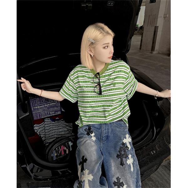  ブルー ホワイト ボーダー半袖Tシャツ クルーネック 細ピッチライン ゆったりシルエット カジュアルトップス