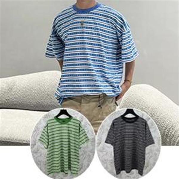  ブルー ホワイト ボーダー半袖Tシャツ クルーネック 細ピッチライン ゆったりシルエット カジュアルトップス