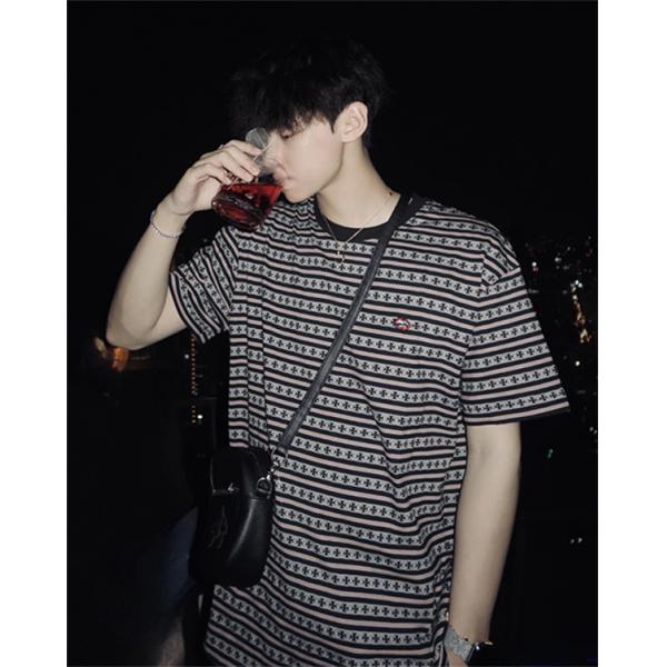  ブルー ホワイト ボーダー半袖Tシャツ クルーネック 細ピッチライン ゆったりシルエット カジュアルトップス