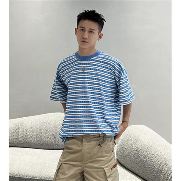  ブルー ホワイト ボーダー半袖Tシャツ クルーネック 細ピッチライン ゆったりシルエット カジュアルトップス