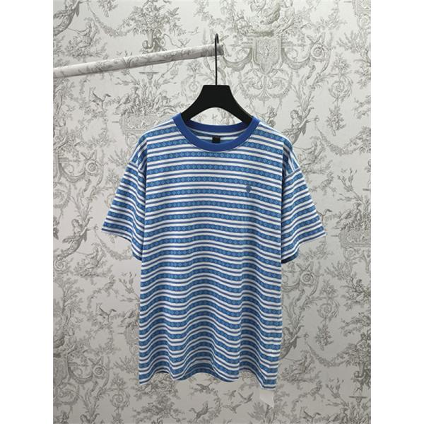  ブルー ホワイト ボーダー半袖Tシャツ クルーネック 細ピッチライン ゆったりシルエット カジュアルトップス