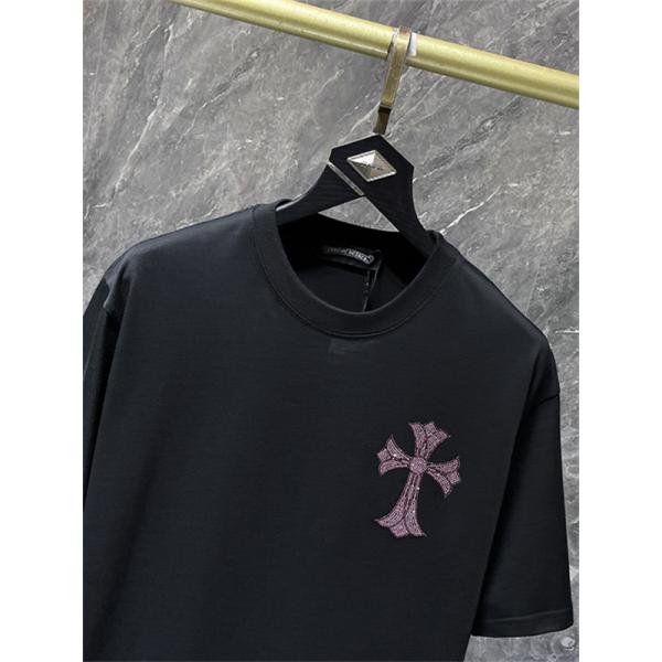 ブラック 半袖Tシャツ Chrome Hearts クロムハーツ コピー ピンククロス刺繍風 胸元ワンポイント クルーネック ゆったりシルエット
