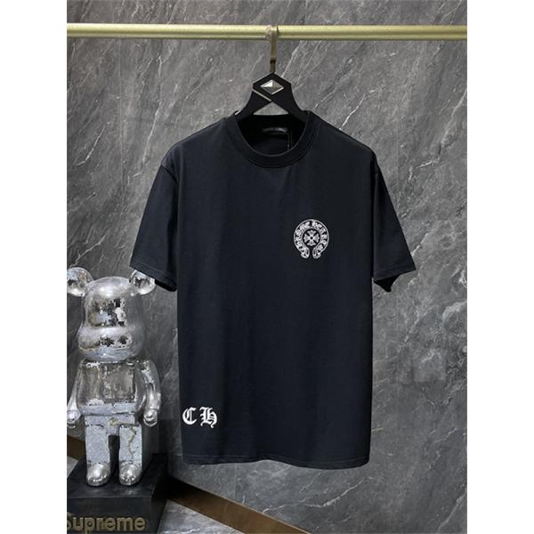 ブラック ホワイト 半袖Tシャツ Chrome Hearts クロムハーツ コピー 胸元サークルプリント カラーロゴ 丸首 カジュアルトップス