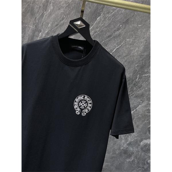 ブラック ホワイト 半袖Tシャツ Chrome Hearts クロムハーツ コピー 胸元サークルプリント カラーロゴ 丸首 カジュアルトップス