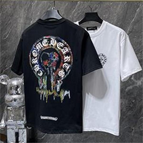 ブラック ホワイト 半袖Tシャツ Chrome Hearts クロムハーツ コピー 胸元サークルプリント カラーロゴ 丸首 カジュアルトップス