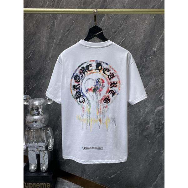 ブラック ホワイト 半袖Tシャツ Chrome Hearts クロムハーツ コピー 胸元サークルプリント カラーロゴ 丸首 カジュアルトップス