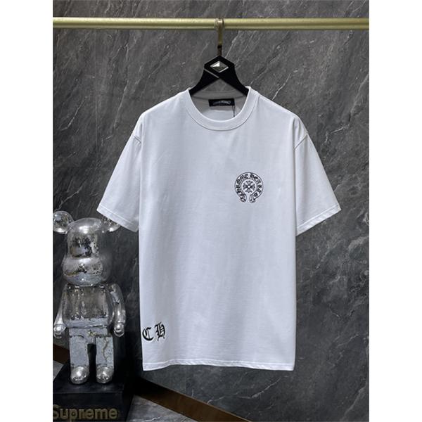 ブラック ホワイト 半袖Tシャツ Chrome Hearts クロムハーツ コピー 胸元サークルプリント カラーロゴ 丸首 カジュアルトップス