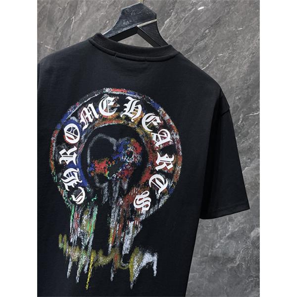 ブラック ホワイト 半袖Tシャツ Chrome Hearts クロムハーツ コピー 胸元サークルプリント カラーロゴ 丸首 カジュアルトップス