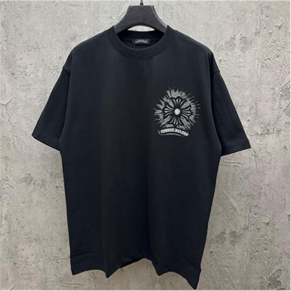  ブラック 半袖Tシャツ Chrome Hearts マルチカラークロスプリント クロムハーツ コピー ペイントスプラッシュ クルーネック ゆったりシルエット