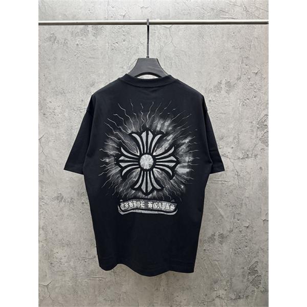  ブラック 半袖Tシャツ Chrome Hearts マルチカラークロスプリント クロムハーツ コピー ペイントスプラッシュ クルーネック ゆったりシルエット