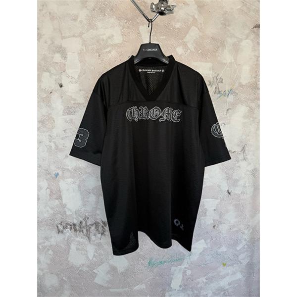 ブラック メッシュゲームシャツ Chrome Hearts クロムハーツ コピー ゴシックロゴ Vネック 半袖 ナンバープリント ゆったりシルエット
