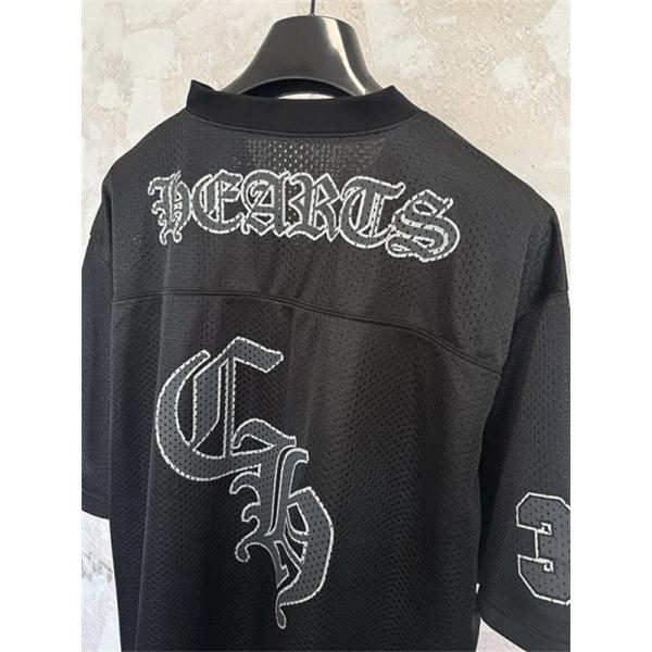 ブラック メッシュゲームシャツ Chrome Hearts クロムハーツ コピー ゴシックロゴ Vネック 半袖 ナンバープリント ゆったりシルエット