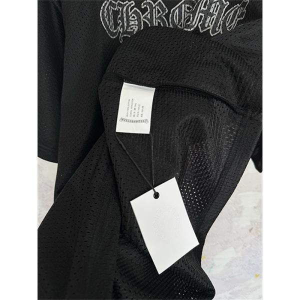 ブラック メッシュゲームシャツ Chrome Hearts クロムハーツ コピー ゴシックロゴ Vネック 半袖 ナンバープリント ゆったりシルエット