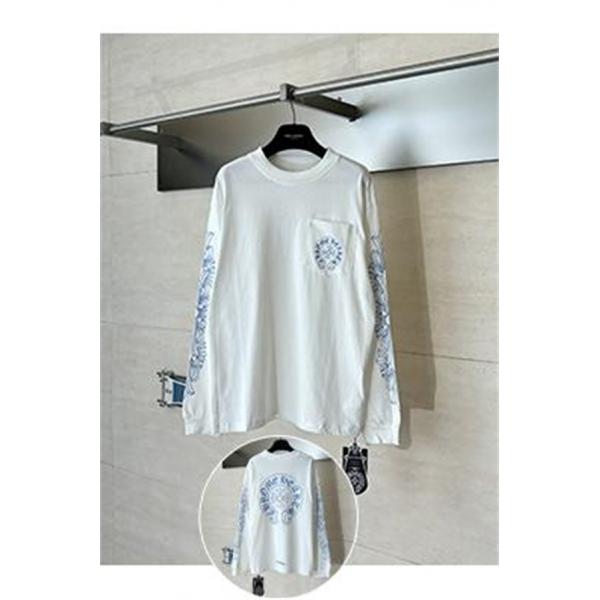  ホワイト 長袖Tシャツ Chrome Hearts クロムハーツ コピー 胸ポケットロゴ ブルースリーブグラフィック クルーネック ゆったりシルエット