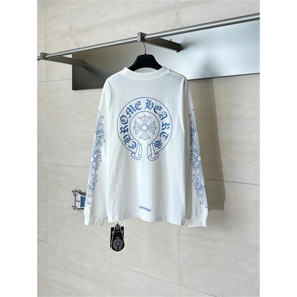  ホワイト 長袖Tシャツ Chrome Hearts クロムハーツ コピー 胸ポケットロゴ ブルースリーブグラフィック クルーネック ゆったりシルエット