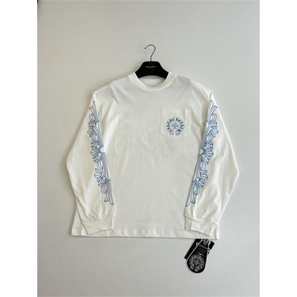  ホワイト 長袖Tシャツ Chrome Hearts クロムハーツ コピー 胸ポケットロゴ ブルースリーブグラフィック クルーネック ゆったりシルエット