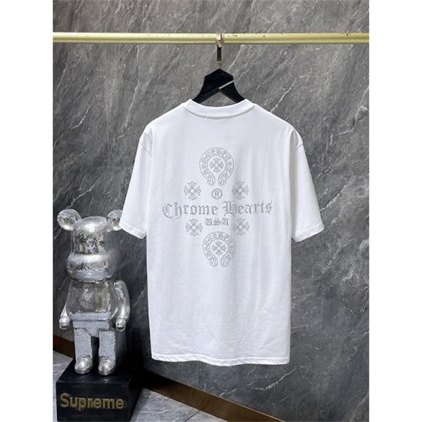 ホワイト 半袖Tシャツ Chrome Hearts クロムハーツ コピー 胸元サークルロゴ クルーネック シンプルカジュアル
