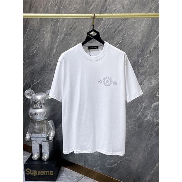 ホワイト 半袖Tシャツ Chrome Hearts クロムハーツ コピー 胸元サークルロゴ クルーネック シンプルカジュアル