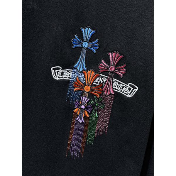 ホワイト 半袖Tシャツ Chrome Hearts クロムハーツ コピー マルチカラークロスロゴ バックデザイン 丸首 リラックスフィット ブラック