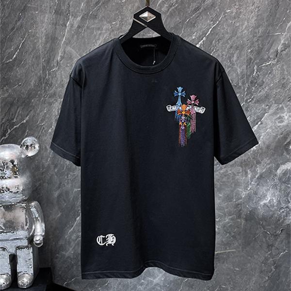 ホワイト 半袖Tシャツ Chrome Hearts クロムハーツ コピー マルチカラークロスロゴ バックデザイン 丸首 リラックスフィット ブラック