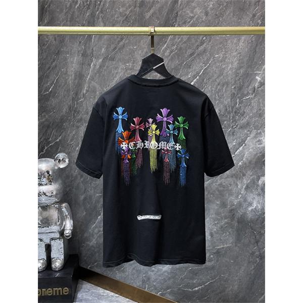 ホワイト 半袖Tシャツ Chrome Hearts クロムハーツ コピー マルチカラークロスロゴ バックデザイン 丸首 リラックスフィット ブラック