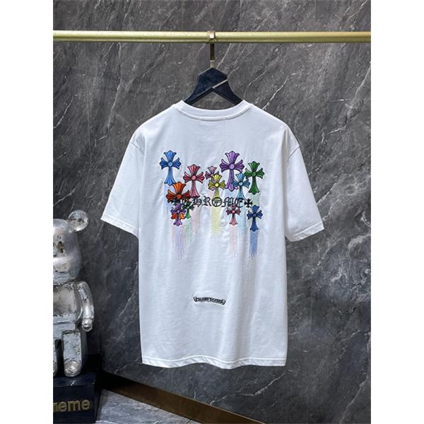 ホワイト 半袖Tシャツ Chrome Hearts クロムハーツ コピー マルチカラークロスロゴ バックデザイン 丸首 リラックスフィット ブラック