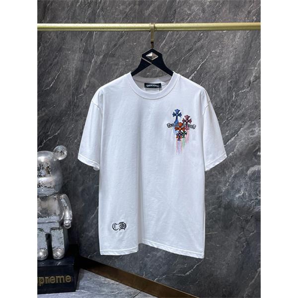 ホワイト 半袖Tシャツ Chrome Hearts クロムハーツ コピー マルチカラークロスロゴ バックデザイン 丸首 リラックスフィット ブラック